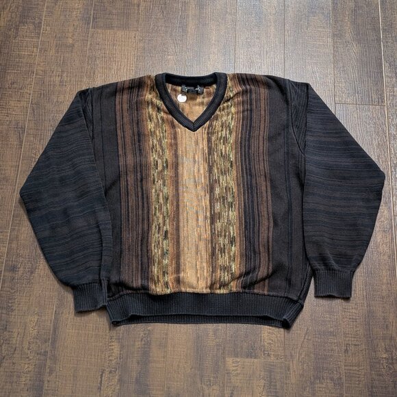 90's Tosani Black and Brown Striped Knit Sweater Made in Canada Size - M - Picture 1 of 3